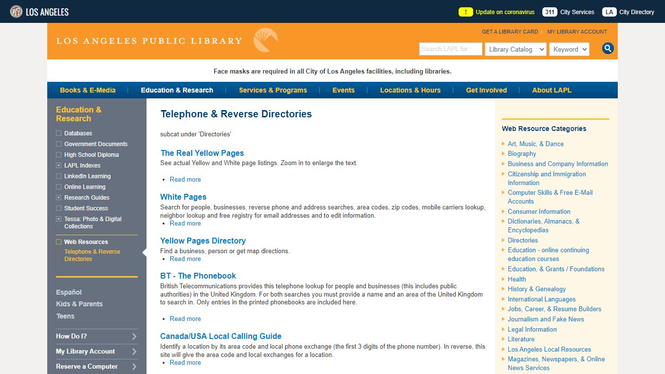 Telephone & Reverse Directories | Los Angeles Public Library